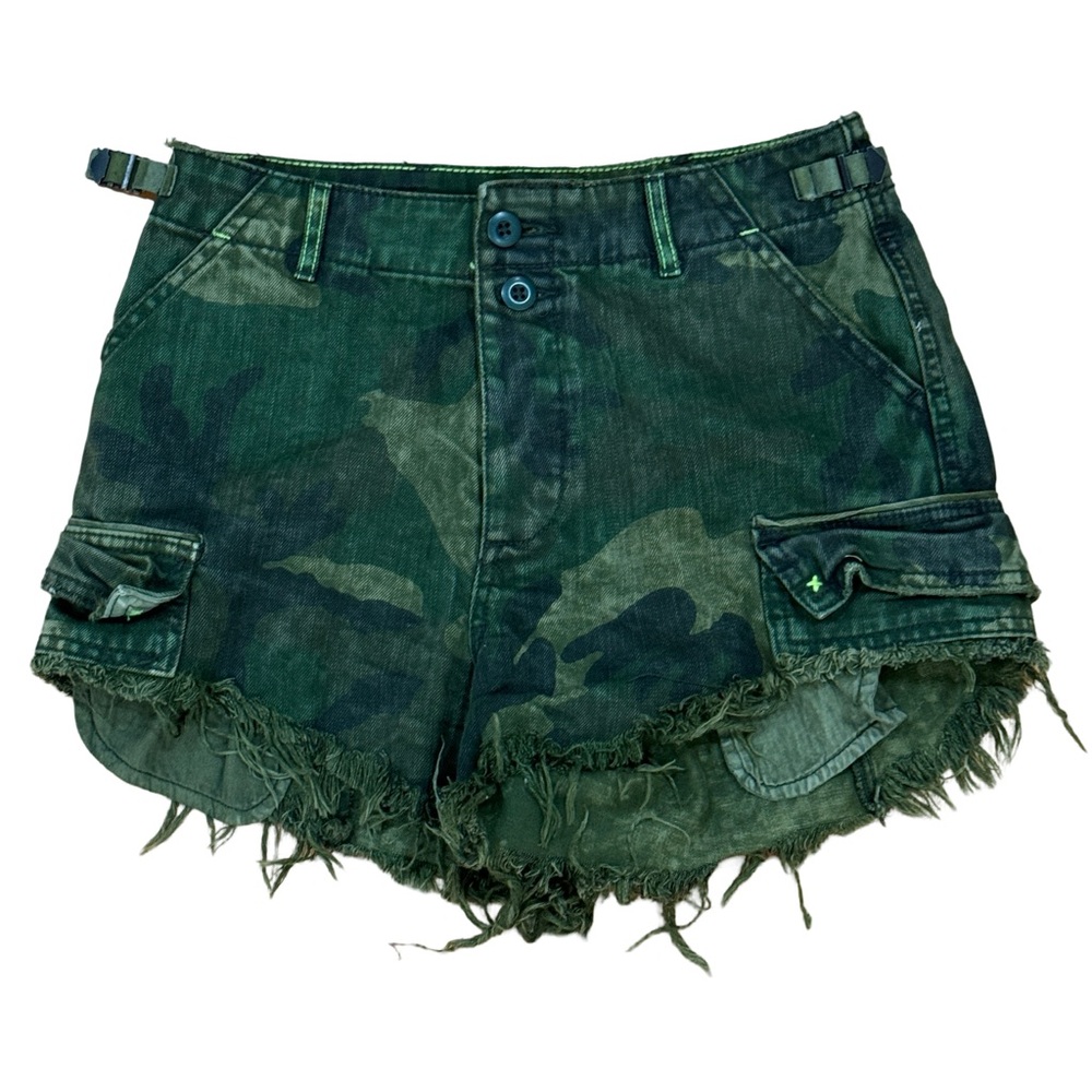 Free People We the Free Commander Cut Off Green Camo Khaki Denim Jean Short